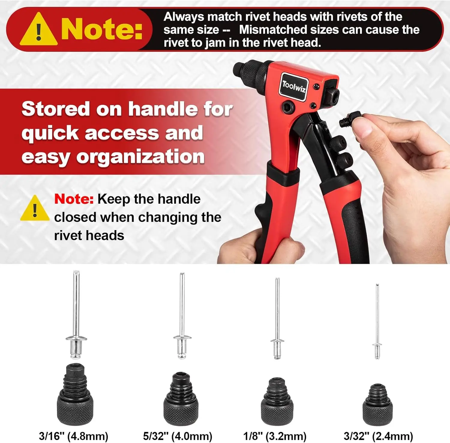 One-Handed Rivet Gun Kit with 200pcs Rivets, 4x Heads & 4x Bits - Heavy Duty for Metal, Wood, Plastic, Leather, Fabric