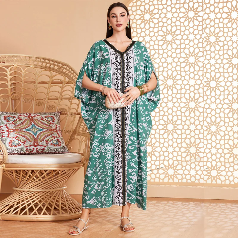 

Printed Summer Dress for Women Arabia Dubai Abayas Party Kaftan Muslim Dress Women Short Sleeve Vestidos Arabes Dubai Y Turcos