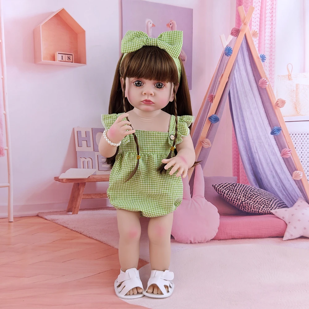 

22 Inch Large Reborn Doll 55cm Cute Long Hair Simulation Dolls Full Vinyl Accompany Bath Toys New Girl's Year's Gift