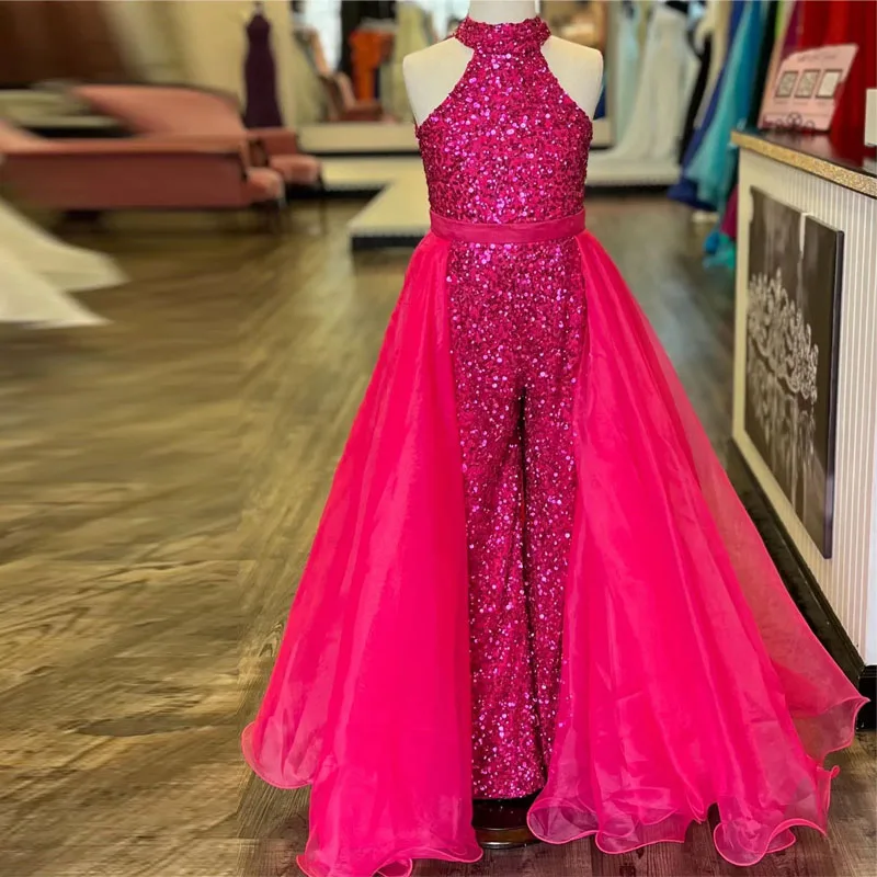 Fuchsia Jumpsuit Little Girls Prom Dresses Halter Sequin Kids Pageant Outfit with Detachable Train Child Birthday Wears 2023