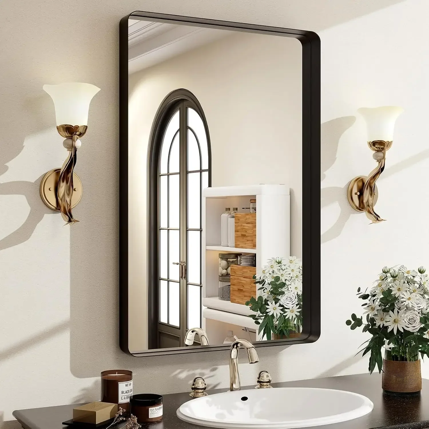 

36x24 Inch Black Bathroom Mirror - Modern Black Rectangle Mirror for Wall with Rounded Corners, Bathroom Mirrors for Vanity, Alu