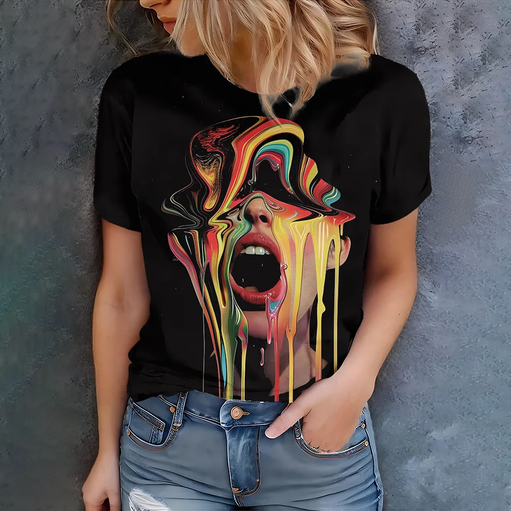 

Abstract Art Colorful Face Printed Women's Black T-shirt - Modern Art Style Summer Round Neck Short Sleeve