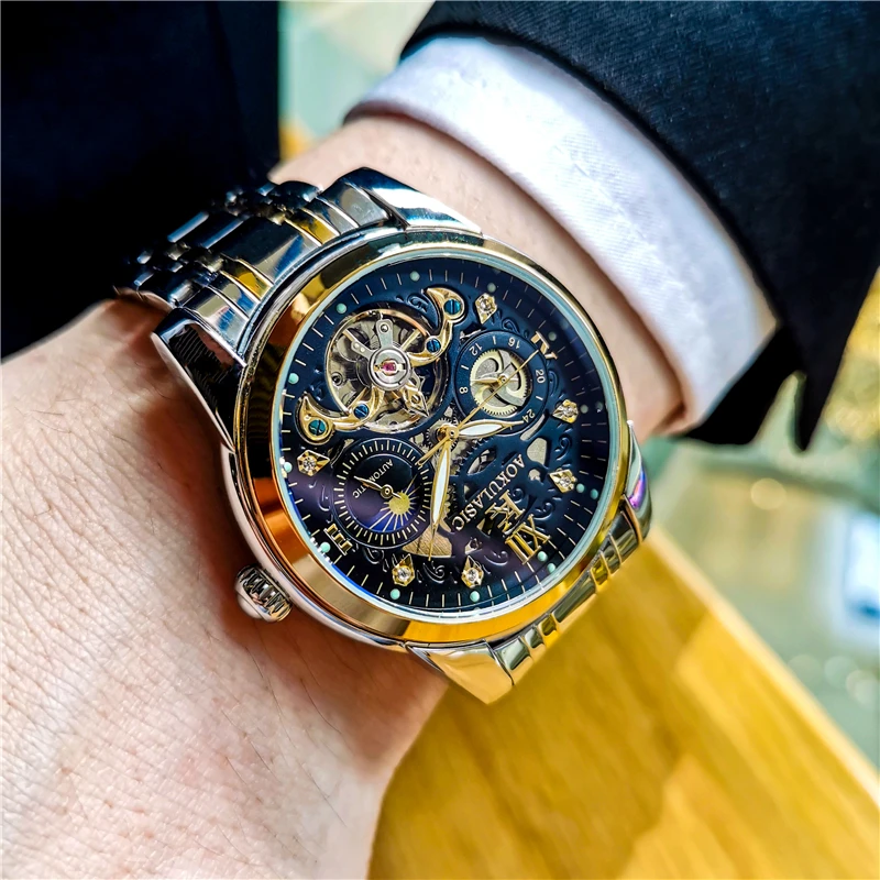 ساعة ميكانيكية فاخرة للرجال من AOKULASIC موضة رياضية مقاومة للماء ساعات أوتوماتيكية للرجال مرحلة القمر توربيون ساعة يد مضيئة