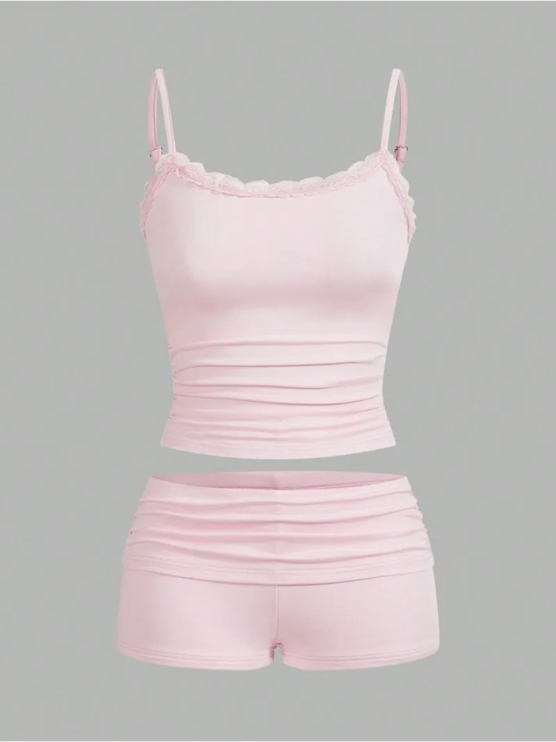 Conjunto de Dos Piezas para Mujer, Estilo Urbano, Top Corto con Tirantes Finos y Encaje Rosa, y Mini Shorts de Cintura Alta, Novedad 2026
