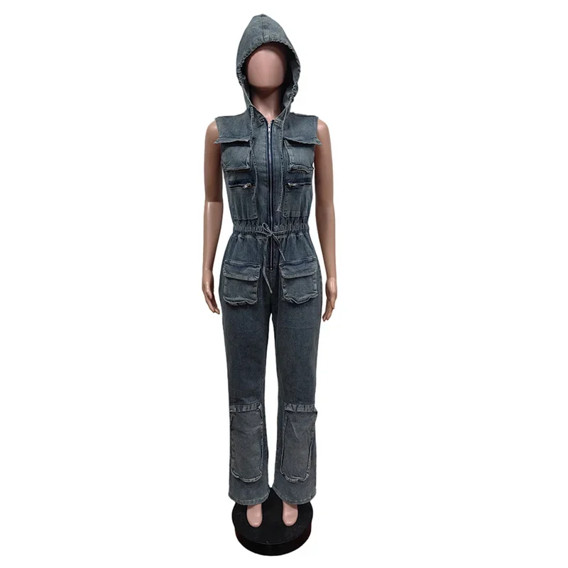 Vintage Multi-pocket Patchwork Hooded Denim Jumpsuit Women Zipper Half-open One-piece Pants Female Casual Straight Jeans Rompers