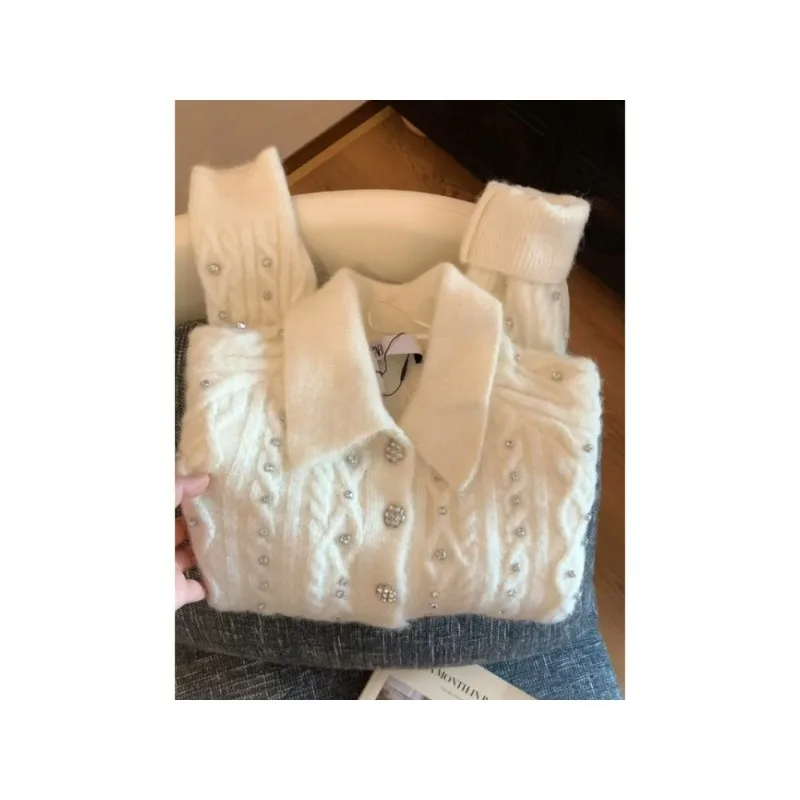 Winter Commuting Niche Design Soft Waxy Temperament Knitted Top Studded with Diamond Rivets Twist Lapel Short Cardigan Sweater