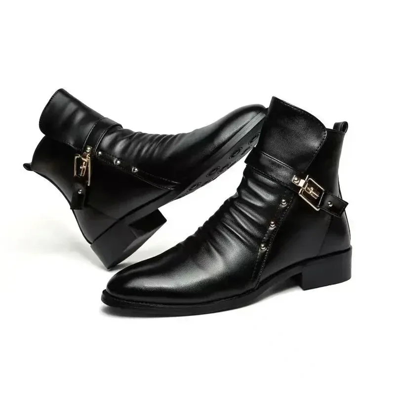 Chelsea Boots Męskie buty skórzane z wysokim stanem Męskie buty na suwak Spiczaste buty do kostki Męskie buty motocyklowe Pasek z klamrą Zimowe Botas