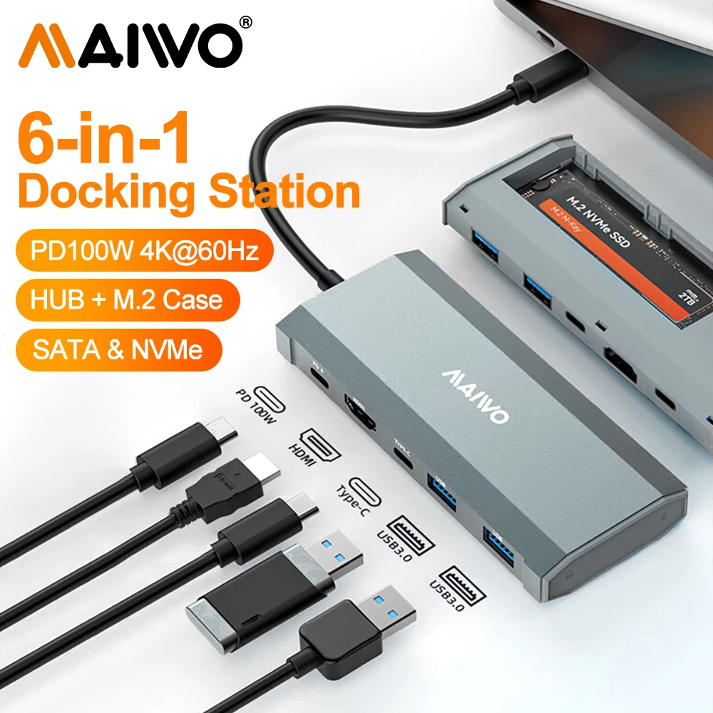 MAIWO M.2 Hard Drive Enclosure Expansion Dock NVME/SATA Dual Protocol Docking station  6 in 1 Hub Type-C To M.2 Case For  Laptop