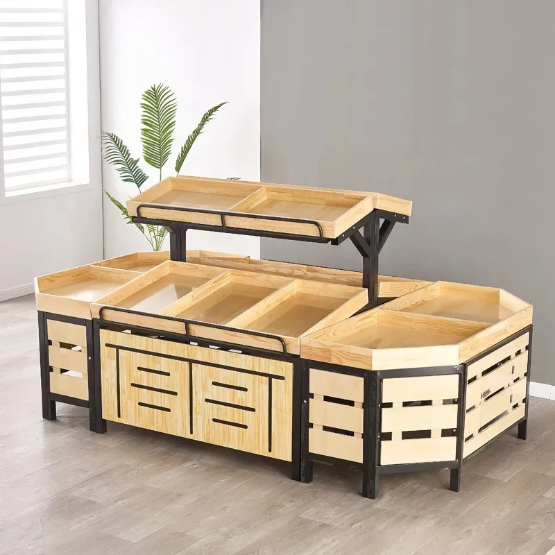 Supermarket Shelf Display Rack Multifunctional Fruit Vegetable Steel Wooden Shelf Fruit Shop Wooden Cake
