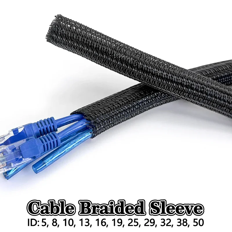 2M/5M Black PET Braided Self-Closing Cable Sleeve ID 5mm-50mm Wear Resistant Insulated Wire Organizer Cable Management Sheath