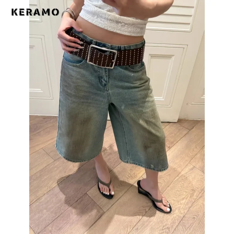 

American Retro High Street Casual Style Shorts Washed Loose Wide Leg Knee Length Pants Women Y2k Hip-hop Grunge Sexy Capris