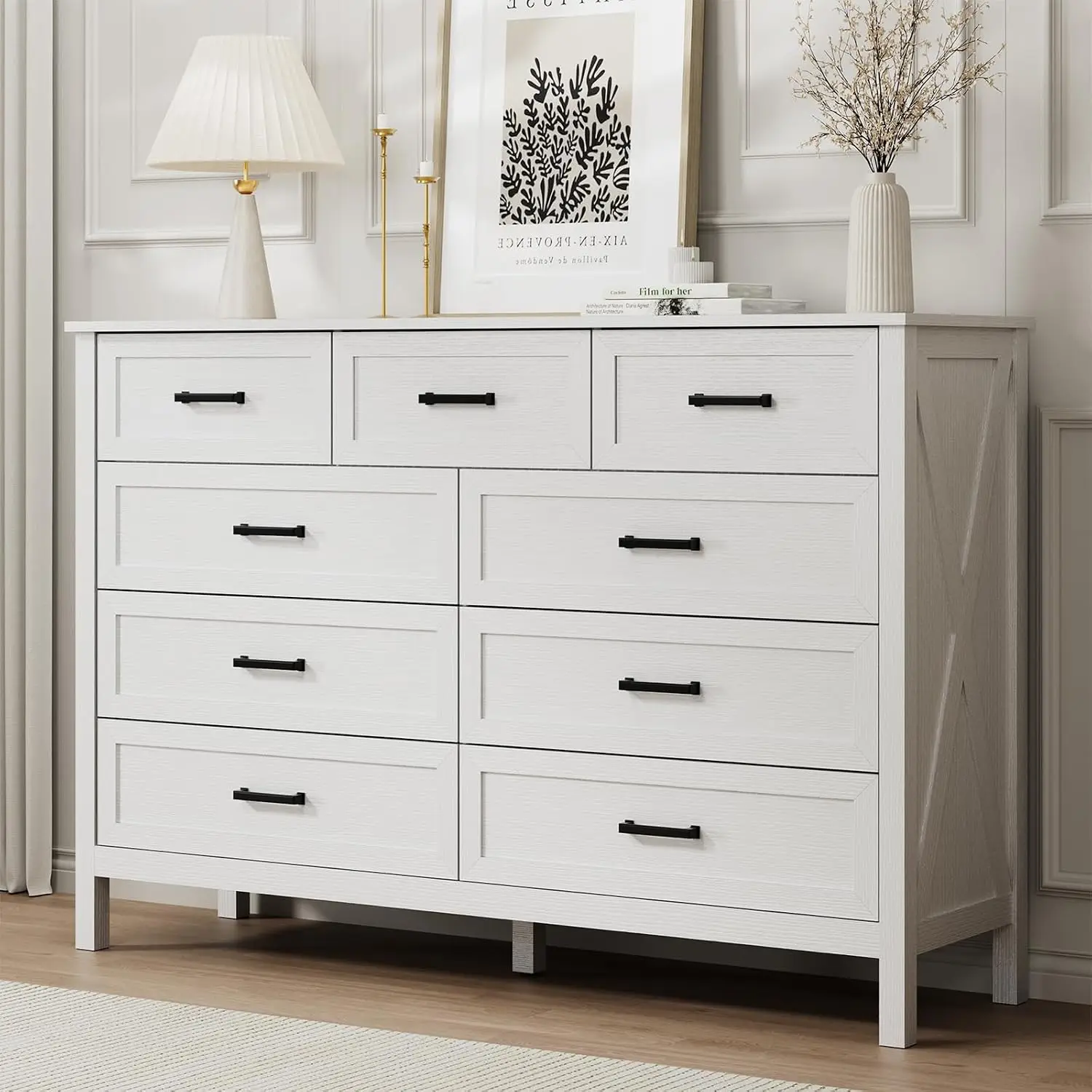 Rustic 9 Drawer Dresser, 55 Inch Wood Chest with X-Marking & Bar Handle, Bedroom & Living Room Storage, Customized
