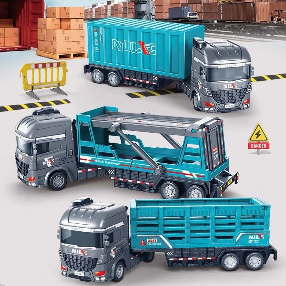 Escala 1:64 modelo de reboque de liga, veículo de transporte articulado móvel, mini caminhão contêiner, potência de fricção, veículos modelo deslizantes