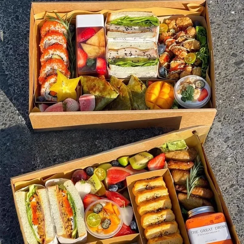 Disposable Camping Picnic Box Kraft Paper Baking Packaging Sushi Light Food One-time Packaging Box for Outdoor Picnics And Ca...