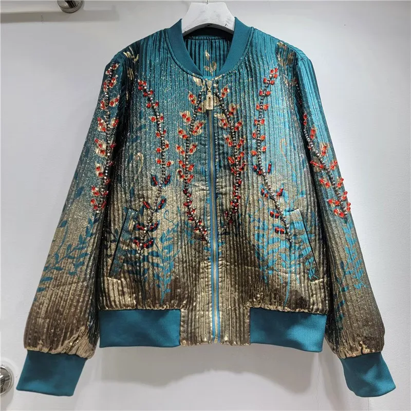 

Heavy Work Beading Bronzing Short Baseball Jacket Loose Casual Stand Collar Zipper Long Sleeve Autumn New Female Bomber Jacket