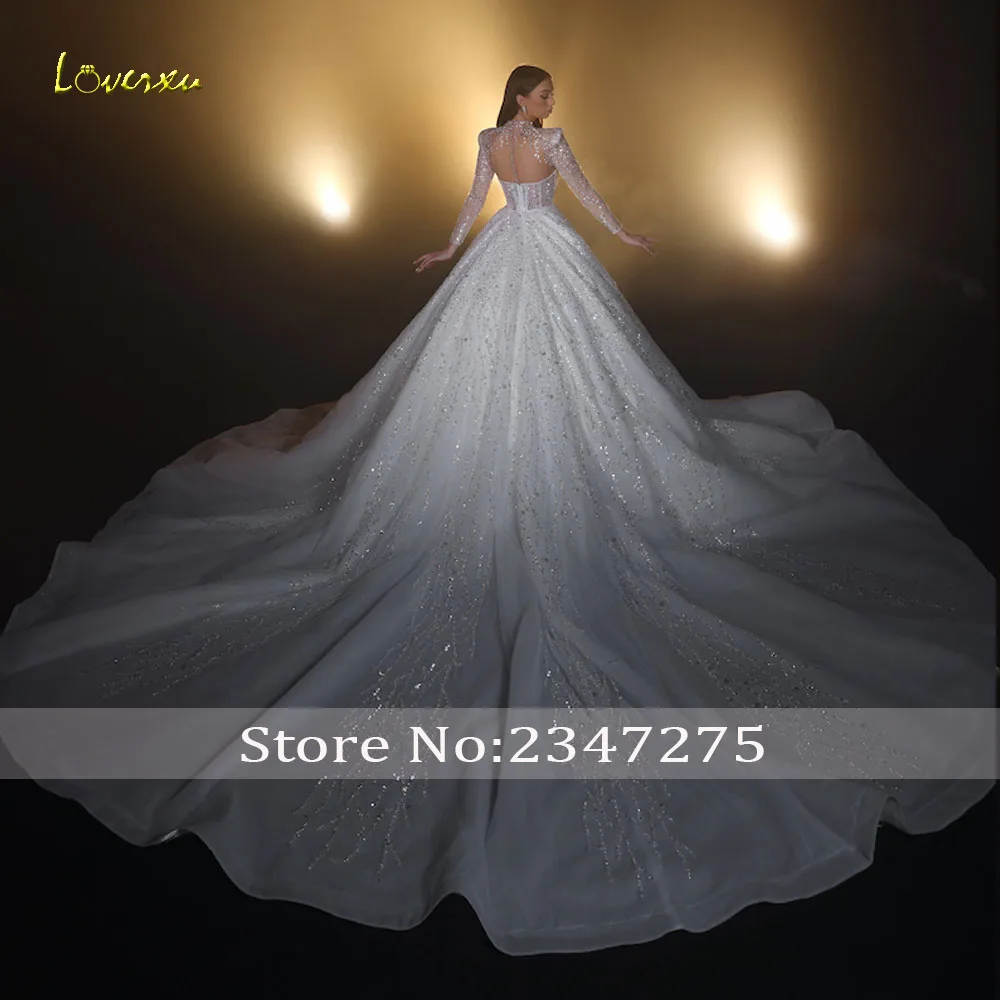 Loverxu Ball Gown Royal Wedding Dresses High Neck Vestido De Novia Lace Sequined Chapel Train Shiny Custom Made Bridal Gowns