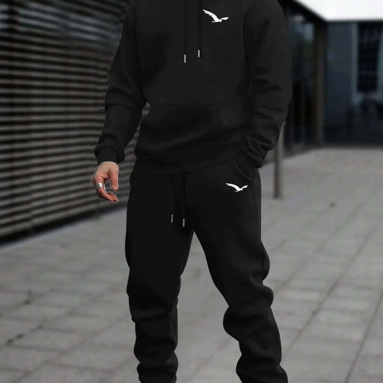Ensemble de survêtement imprimé oiseaux 2026 pour homme – Sweat à capuche et pantalon long – Tenue chaude printemps, automne et hiver