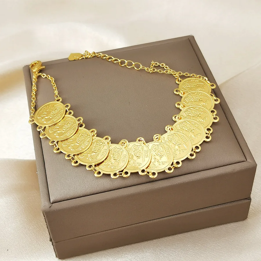 9999 gold Middle Eastern Bohemian luxury coin bracelet with heart-shaped pieces and extended chain - perfect gift for brides,