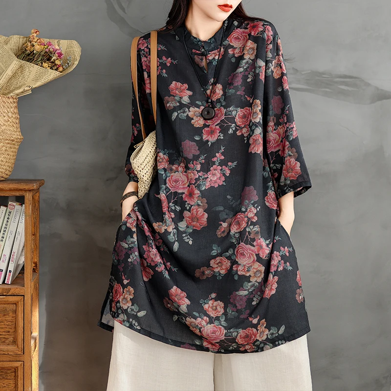 

Летнее новое хлопковое платье-рубашка миди с принтом под коноплю, в стиле ретро, с воротником-стойкой, на пуговицах, свободного кроя, модное, для повседневной носки, 100% хлопок, с цветочным принтом