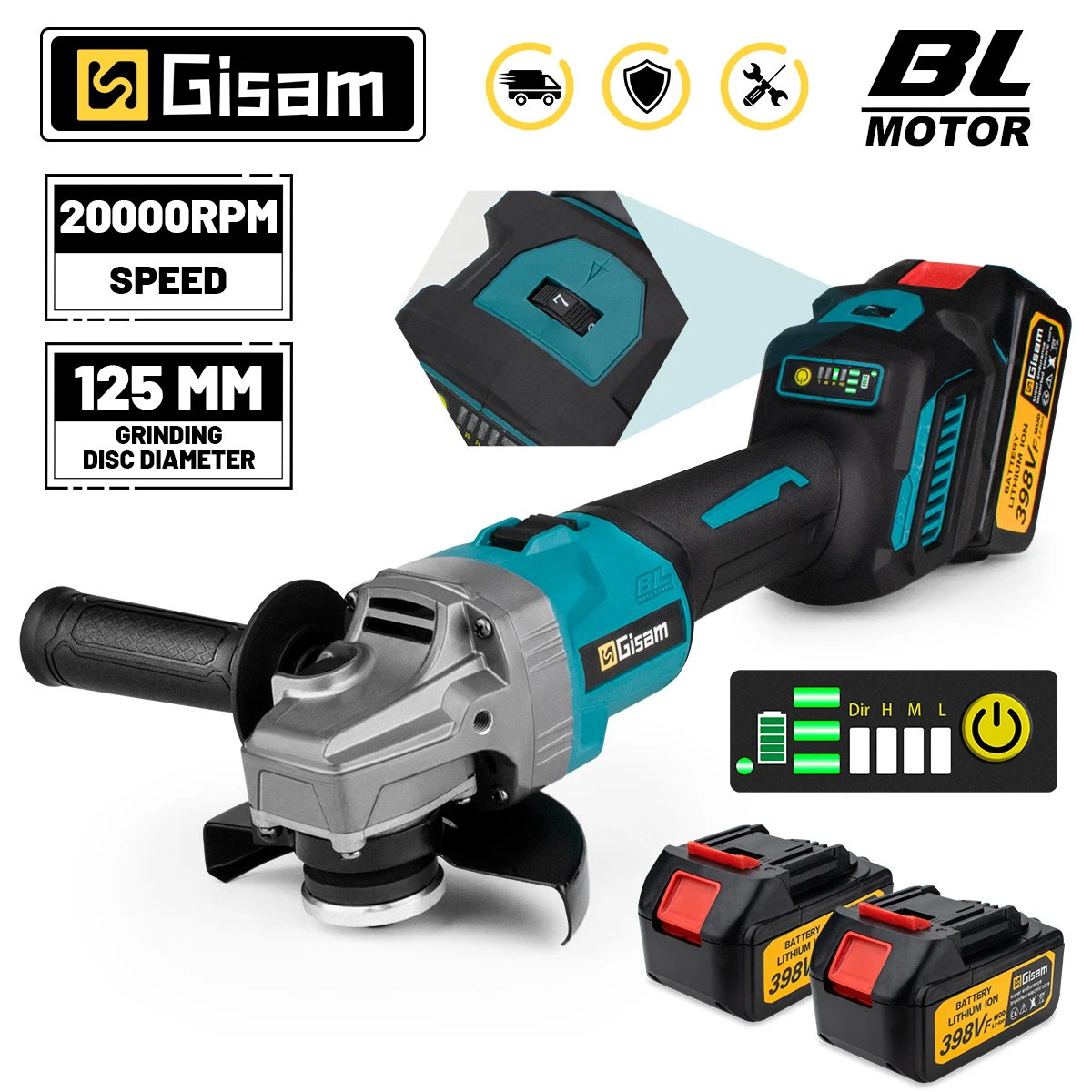 Gisam 125mm 7 Gears Brushless Angle Grinder Polishing Cutting Machine Electric Angle Grinder Power Tools for Makita 18V Battery