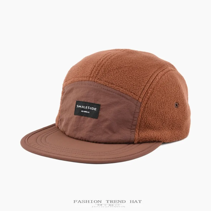 Men Women Fleece 5‑Panel Camp Hat Spliced Fabric Flat Brim Hats Winter Warm Outdoor Sports Casual Street Baseball Caps