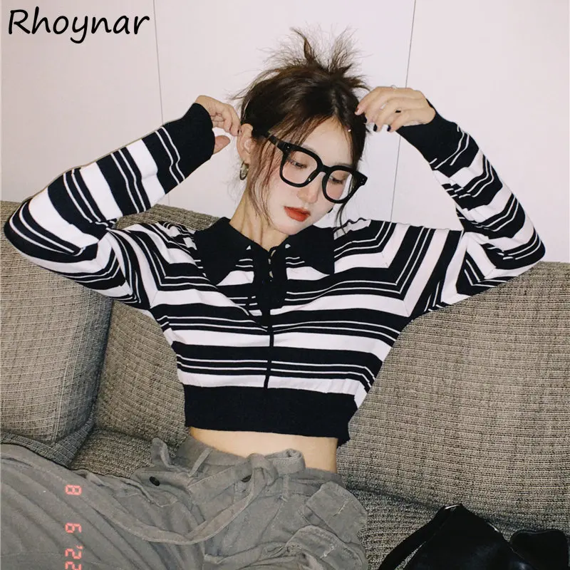 Lace-up Cropped Pullovers Women Autumn Striped Design Fashion High Street Preppy Hipster Korean Style Ulzzang Cool Knitted Chic