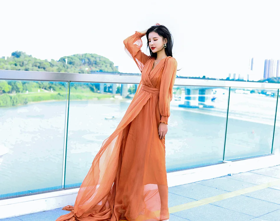 Jastie Vintage elegante abito lungo da festa donna tinta unita scollo a V manica a lanterna abiti a vita alta abiti Boho Holiday Chic