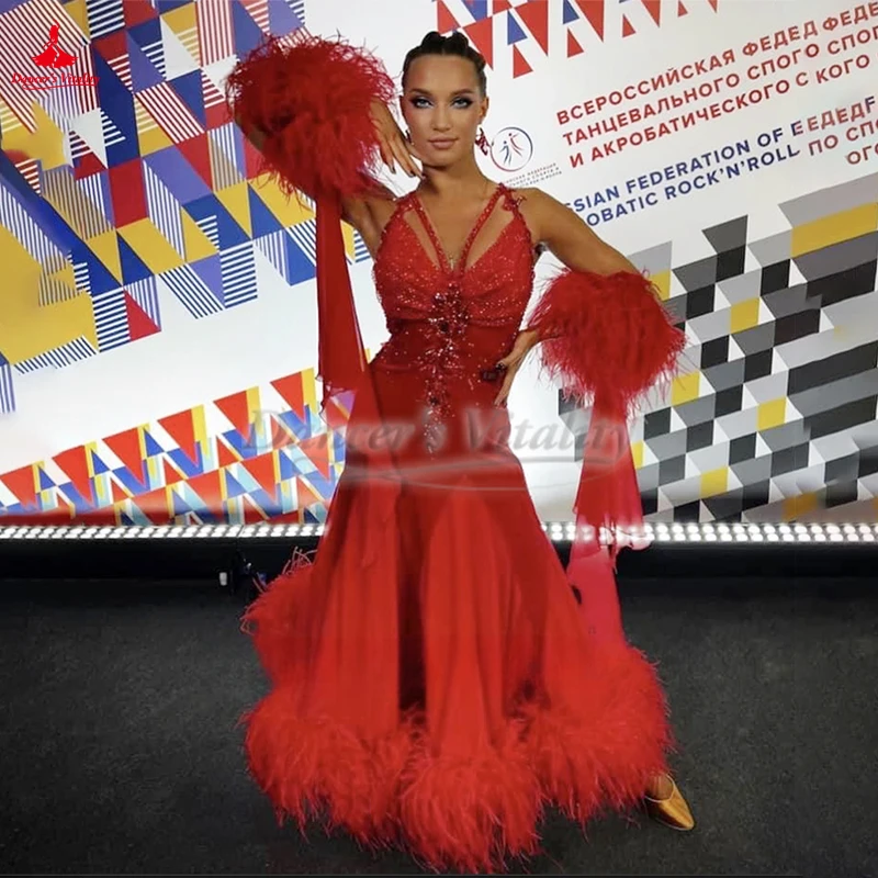 

Ballroom Dance Female Red Sleeveless Ostrich Feather Big Swing Dresses Adult Waltz Foxtrot Tango Quickstep Clothing Customize