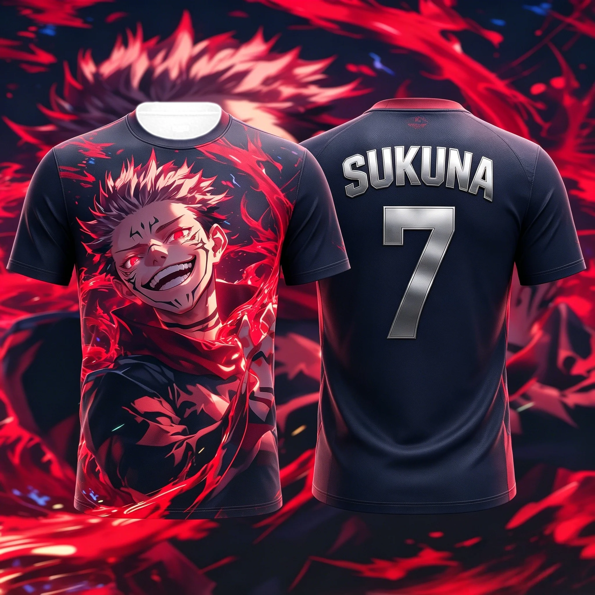 2026 Summer Jujutsu Kaisen Sukuna Flame 3D Print Sports Jersey Oversized Anime Fan Tee