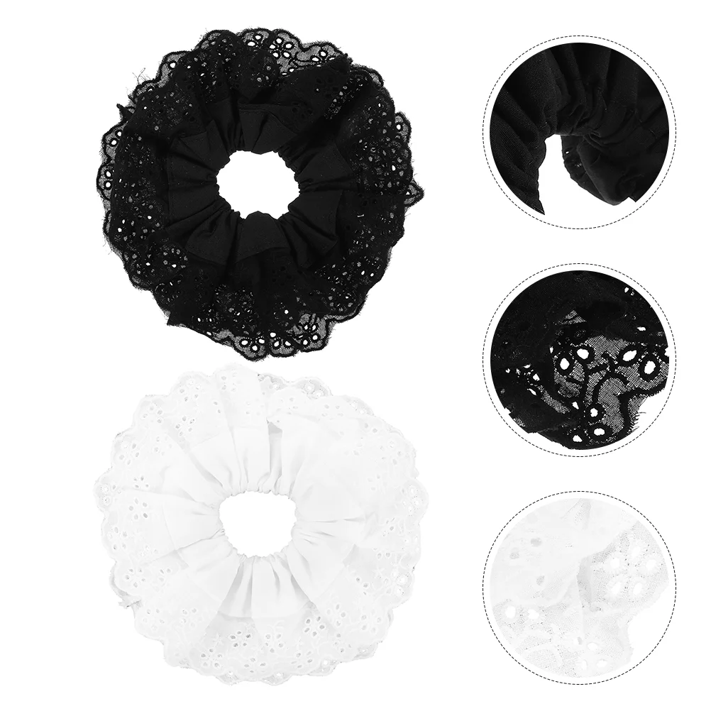 

2 Pcs Hair Ring Hollow Lace Tie Bridesmaid Baby Barrettes White Scrunchies Polyester For Women