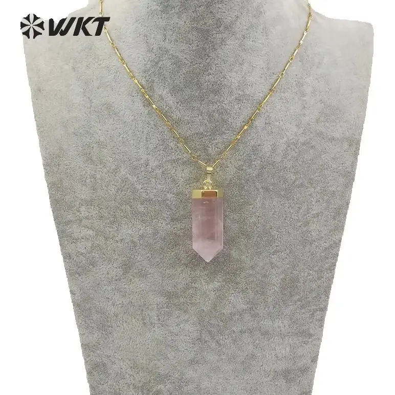 WT-N1144 WKT Natural Pink Stone Sweet Romantic Geometric Element Crystal Column 18 Inch Metal Necklace Women Pendant