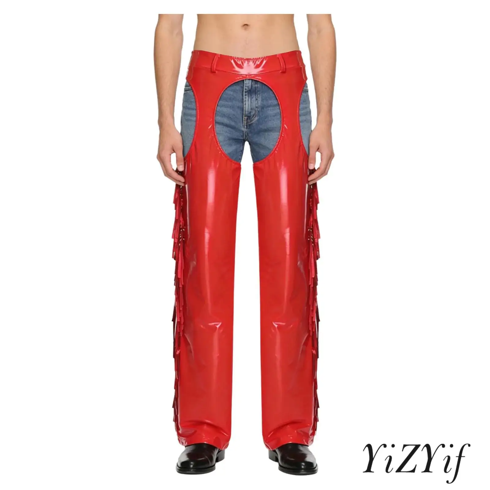 

Mens Glossy Chaps Pants Hollow-out Crotch And Thighs Shiny Tassel Side Seams Wide Leg Long Pants for Cowboy Party Clubwear