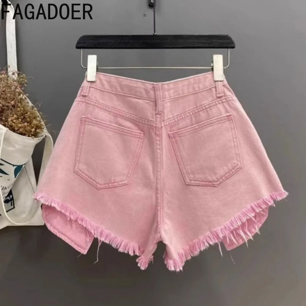 FAGADOER Fashion Hot Girl Streetwear donna vita alta bottone tasca foro a-line pantaloncini di Jeans Casual nappe femminili pantaloni Jeans