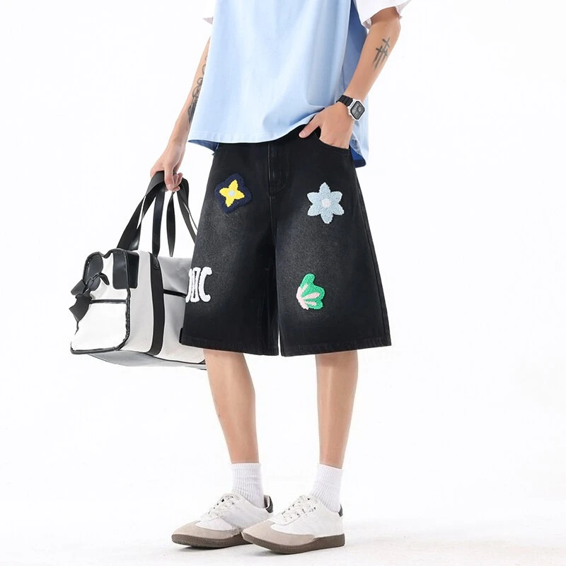 Streetwear กางเกงยีนส์เข่าความยาวแฟชั่น Patch รูปแบบผู้ชายห้านาทีกางเกงฤดูร้อน Hip Hop INS Baggy DENIM กางเกงขาสั้น