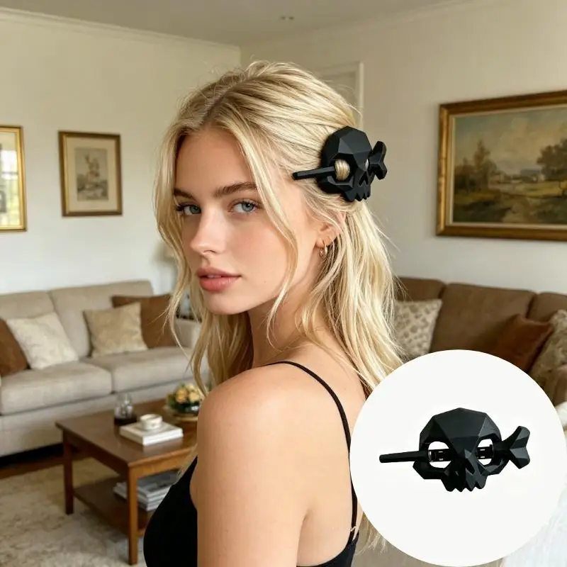 3D-gedruckte Halloween-Punk-Stil Totenkopf-Haarspangen für Frauen, Hohle Geister-Totenkopf-Haarklammer, Langlebige Skelett-Haarnadel für Halloween-Party – Detail 5