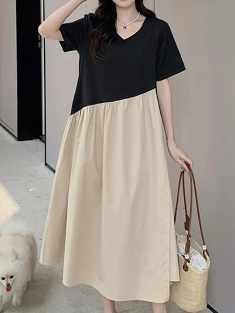 Falso de dos piezas de talla grande de verano Irregular camiseta vestido de mujer empalmado vestido largo de mujer moda Casual Vestidos de mujer