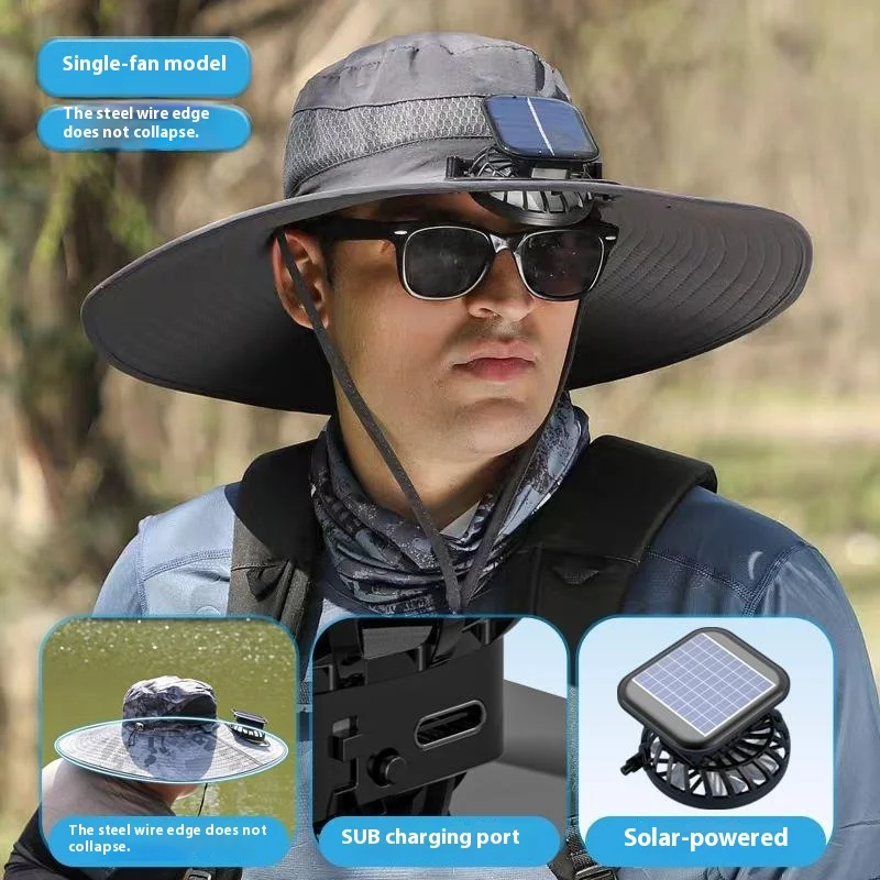 Солнечная рыболовная шапка 2025 Pro — охлаждающий вентилятор с двойной шеей/головкой и широкими полями UPF50+, время работы 10 часов для ловли окуня/каяка, быстросохнущая