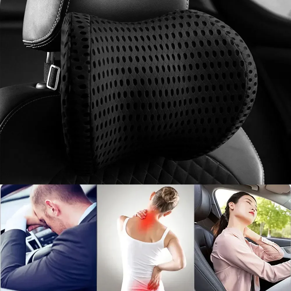 Universal Car Headrest Neck Pillow, Slow Rebound Memory Foam, Breathable Mesh Fabric, Adjustable Buckle Strap, Protect Cervical