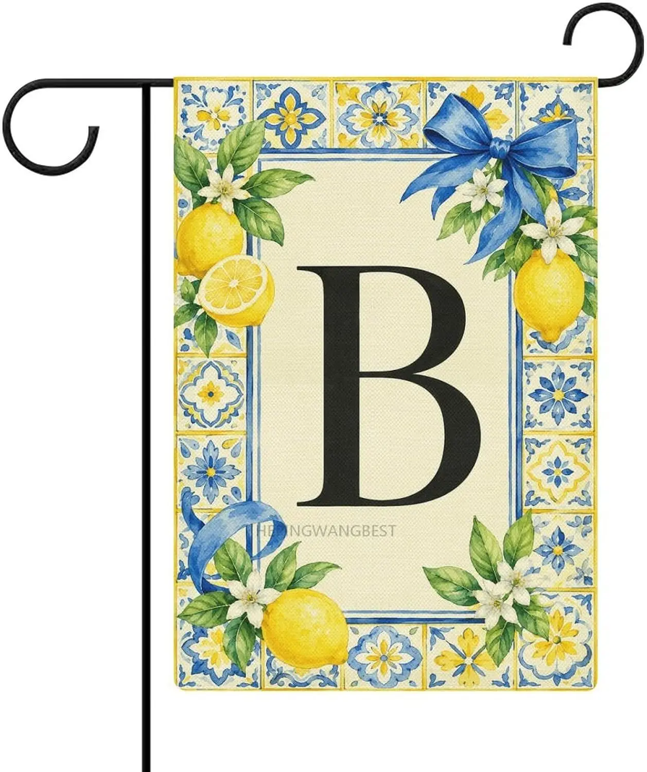 Monogram Letter B Lemon Garden Flag 12x18 Inch Double Sided Mediterranean Blue Tile Lemon Welcome Front Yard Flag for Porch  uui