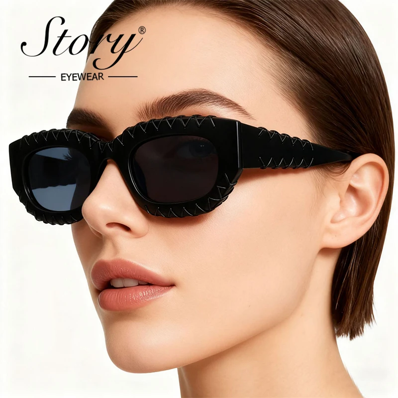 STORY Fashion Fake Woven Rope Rectangle Sunglasses Women Men Brand Designer Trendy Unique Oval Sun Glasses gafas De Sol S2507D