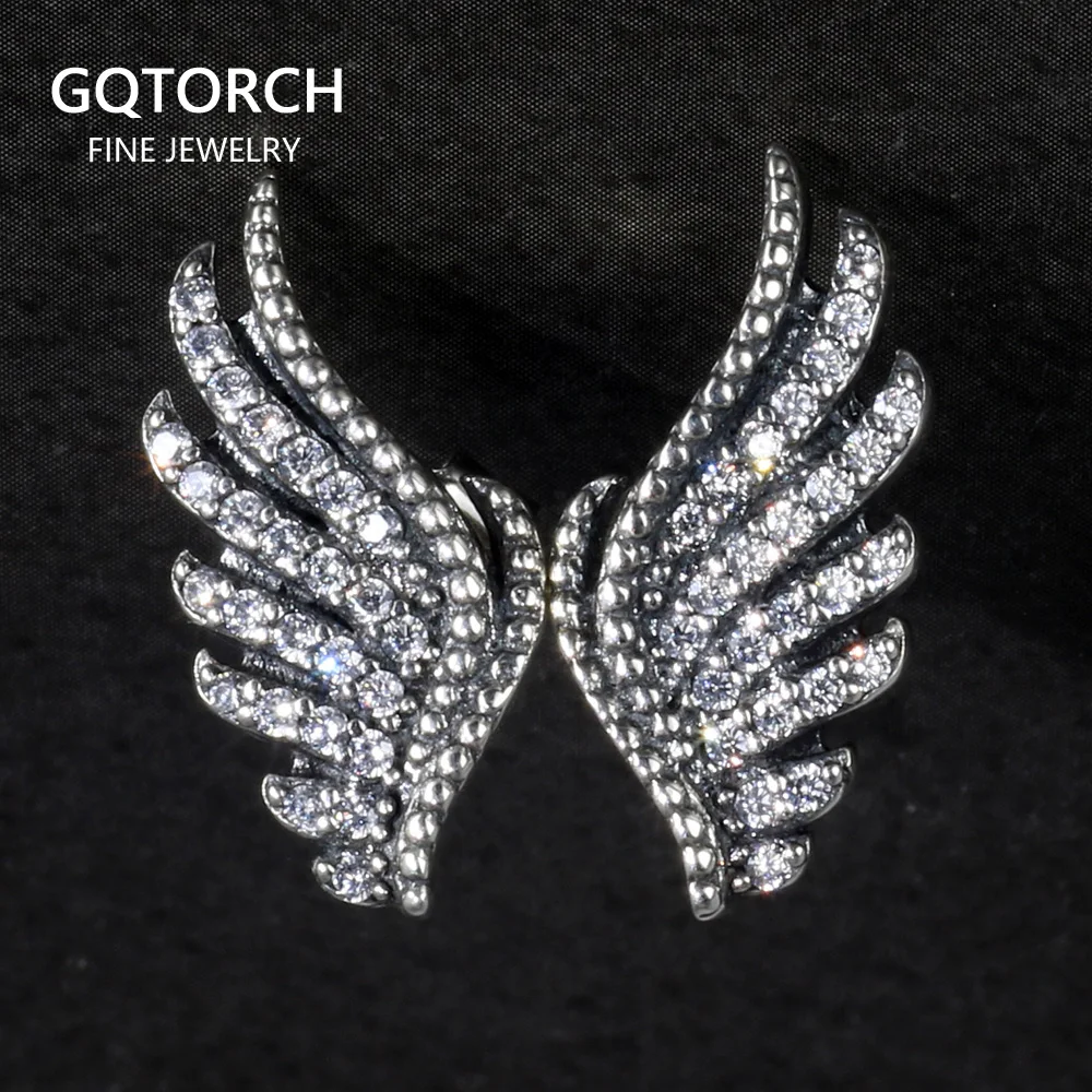 

Genuine 925 Sterling Silver Angel Wings Stud Earrings For Women Micro Paved Zirconia Stone Vintage Earrings Luxury Jewelry