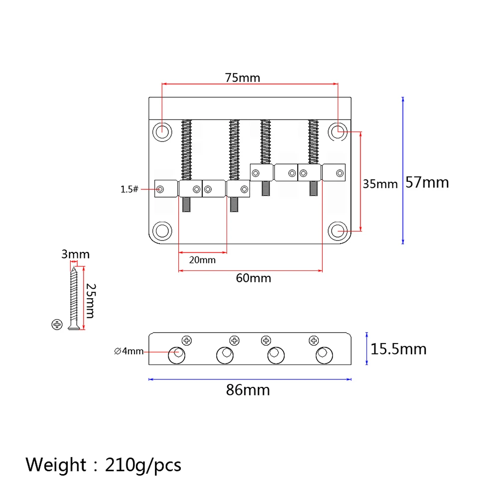 

GA1007 Metal 4 String Bass Bridge Vintage Style Bridge for Guitar with 4 Screws Wrench (Silver)