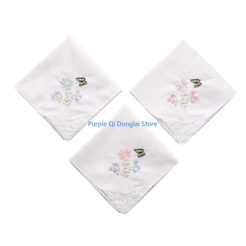 L21E Women Girls Cotton Embroidery Square Towel Ladies Vintage Floral Lace Hanky