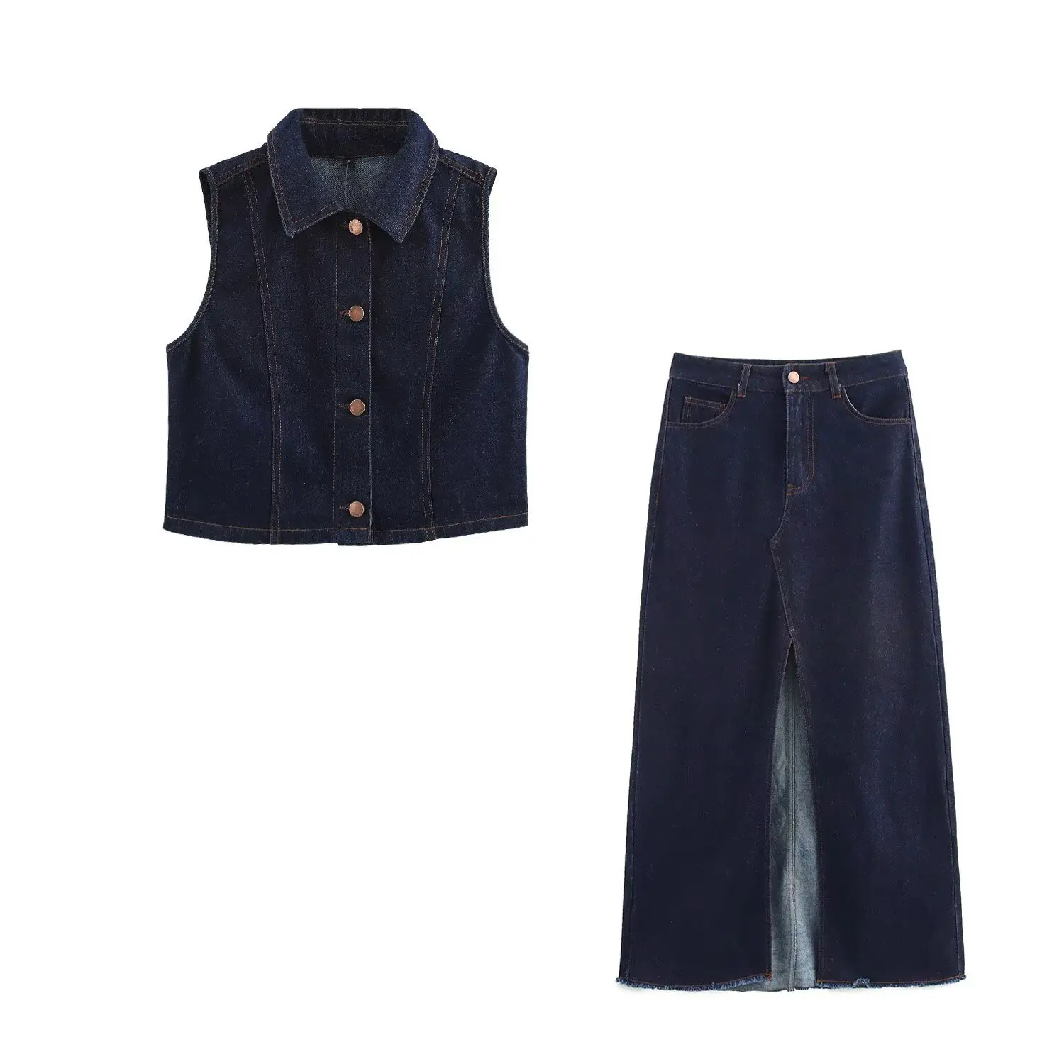 

Vintage Women Dark Blue Denim Suits Fashion Temperament Lapel Sleeveless Tank Tops Slit Design Skirt Simple Casual Lady 2Pcs Set