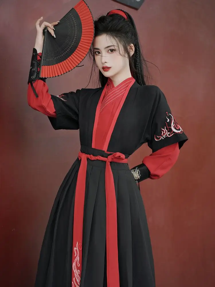 

Female Chinese Style Martial Arts Hanfu WeiJin Style Costume Embroidered Clothes Chinese Folk Dance Performance Dress