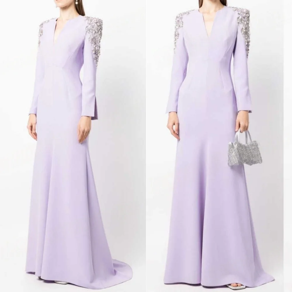 

Customized High Quality Light Purple Jersey Evening Dress Exquisite V-Neck Celebrity Gowns Luxury Special Occasion Gowns