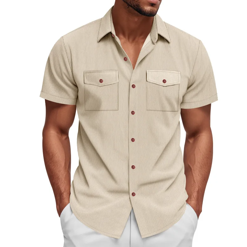 

Men Lapel Corduroy Work Shirt Heavy Fabric Loose Fit Casual Outdoor Short Sleeve Tops for Summer Daily Wear