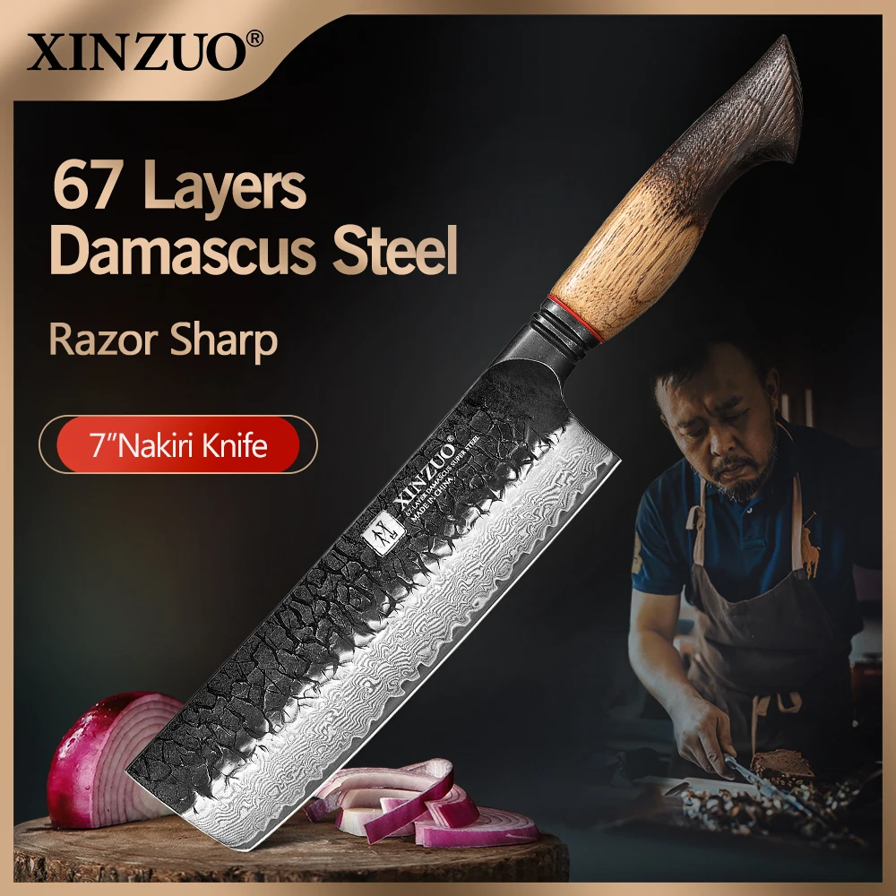 XINZUO 7.09 Inch Nakiri Knife Choice 67-Layer Damascus Steel 6.0-8.0N Cutting Force Lightweight Polished High-End with Gift Box