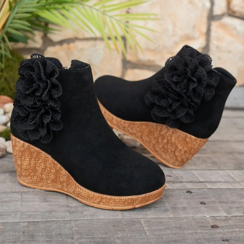 

Женские ботинки из искусственной замши, женская обувь на танкетке на платформе с круглым носком, пикантная женская обувь на высоком каблуке