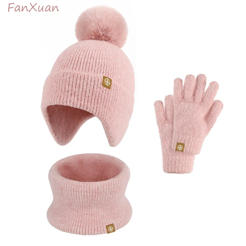 Set 3pcs Children Winter Beanies Scarf Gloves Cute Fur Pompom Boys Girls Kids Winter Knitted Hat Set 2-6Years Solid Color